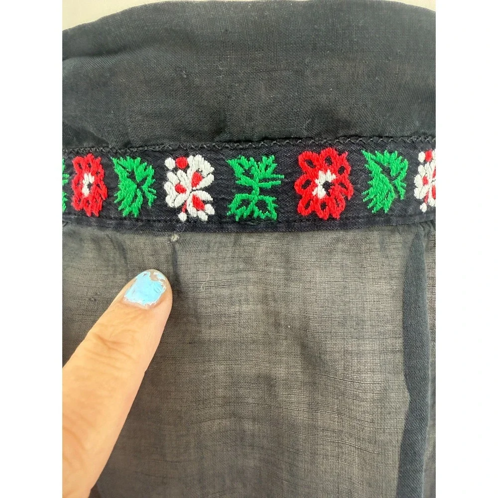 Vintage Sheer Black Embroidered Folk Apron Skirt Overlay Floral Trim Cottagecore
